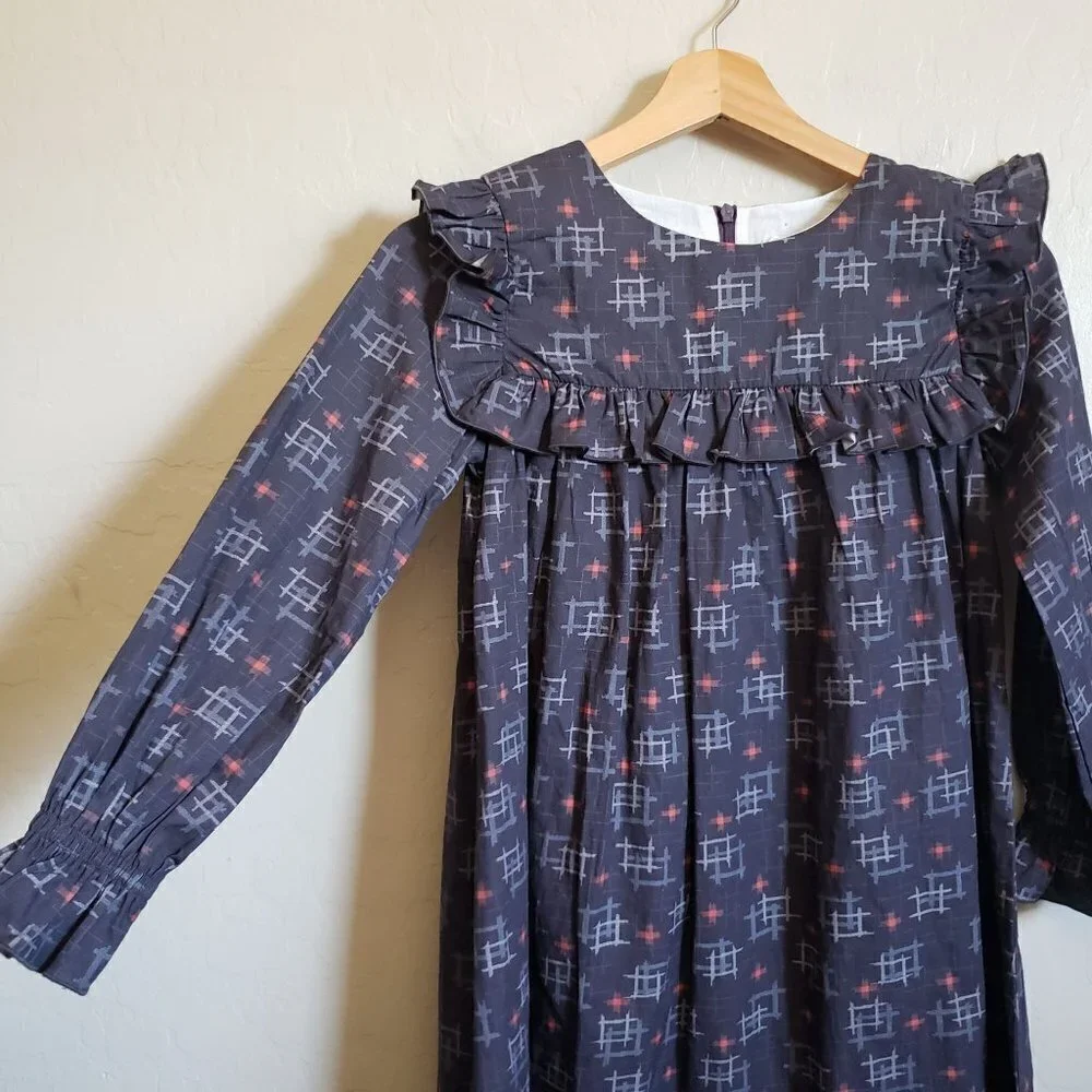 Wren & James Ruffle Bib Long Sleeve Cotton Shift Dress Navy Blue Sz Kids 10 NEW